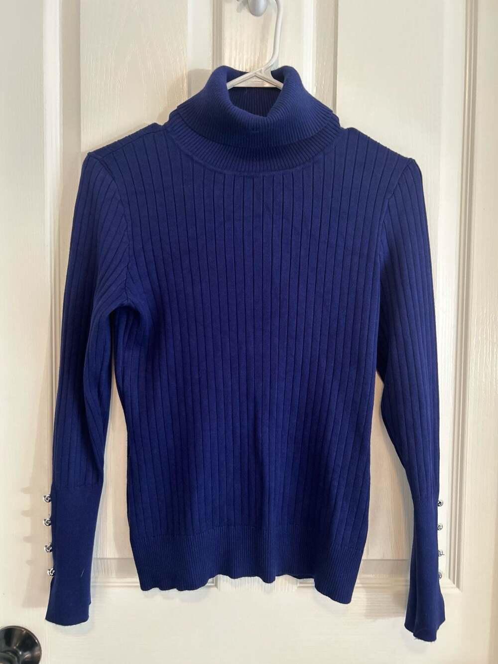 New York & Company Blue Ribbed Turtleneck Sweater with Button Cuffs Size S